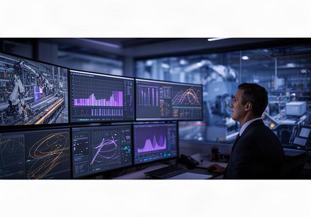 Operations manager reviewing production lines and fleet performance on a dashboard in a UK industrial control room